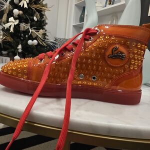 Christian Loubutin Louis Spikes High-Top Sneakers with Red Laces